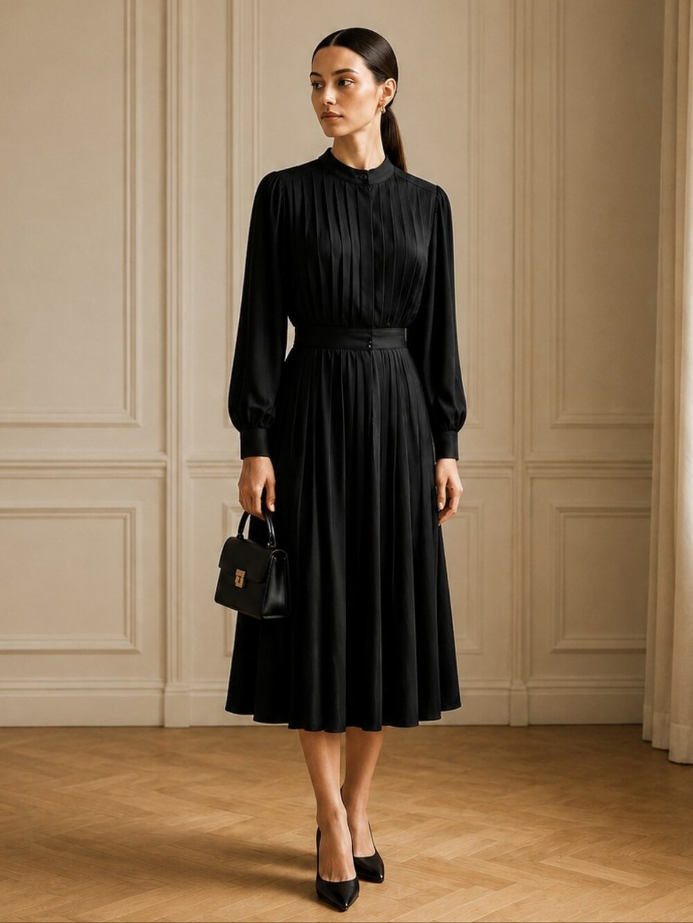 Vintage 90s Black Pleated Dress Size 10 Midi Blouson Dark Academia Poetcore Y2K